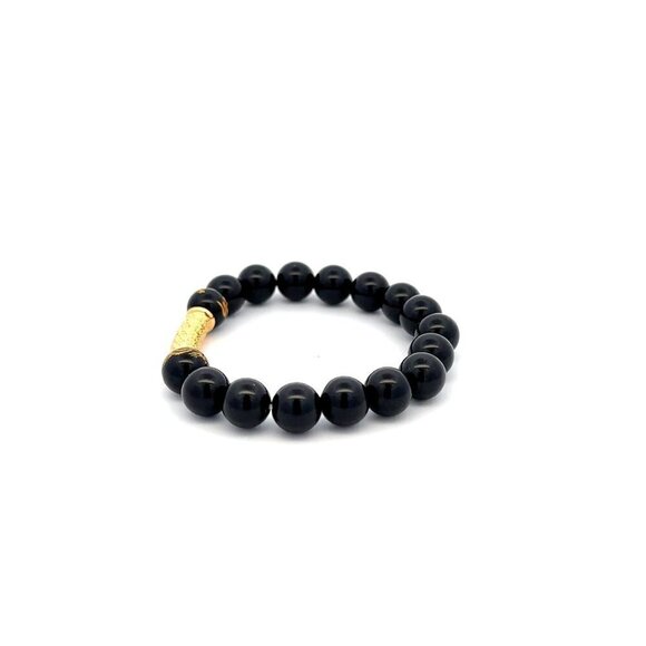 18K Gold Tube Lucky Charm Bracelet Gemstones Black Carved Onyx 8mm - Picture 4 of 5